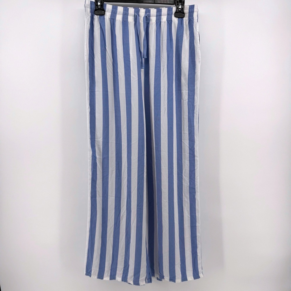 Liz Claiborne Pajama Pants Medium Blue White Striped Wide Leg Rayon Lightweight - Picture 2 of 7